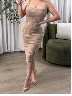 Sleeveless Ruched Midi Dress in Nude